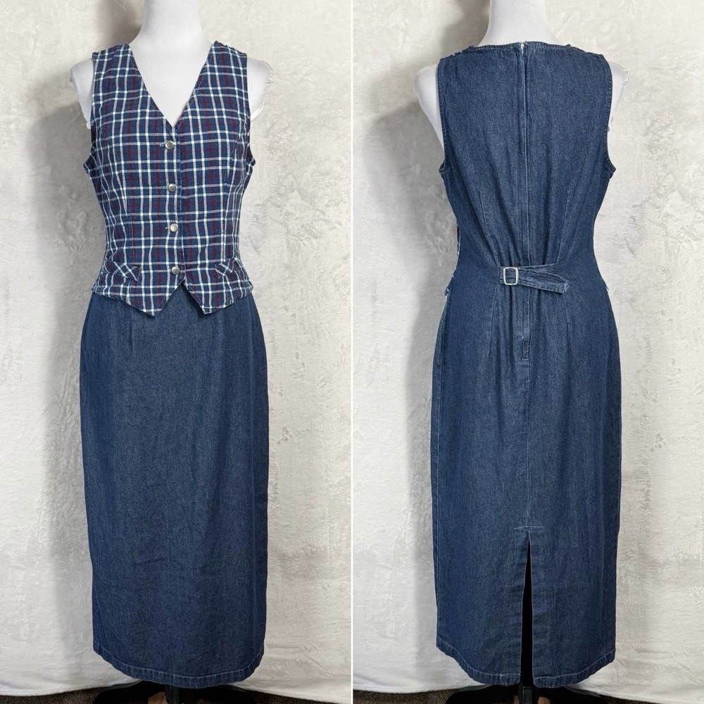 Vintage 90s Plaid Denim Midi Vest Dress Size S Jumper Cottage Teacher Ivy Preppy - Picture 15 of 15